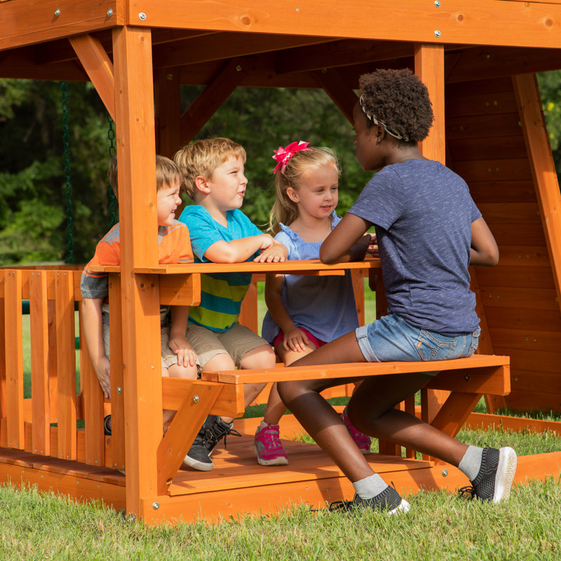 Backyard Discovery Skyfort II Cedar Wood Swing Set with Wave Slide, Clubhouse, Crow's Nest, and Monkey Bars