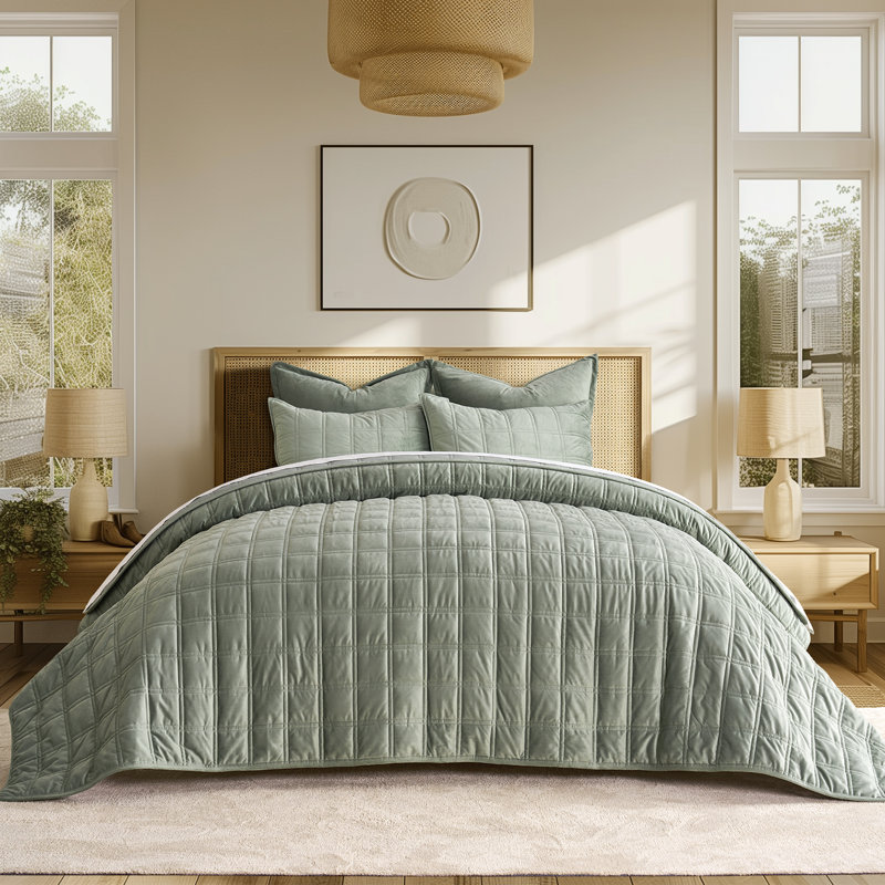 Double Box Stitch Velvet Quilt set, King Quilt + 2 King Shams, Sage Green