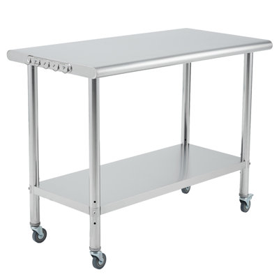 Heavy Duty Stainless Steel Prep Table 48x24x35 in – Commercial 201 Rolling Worktable, Arc Edge, Metal Food Prep Station for Restaurant, Outdoor – With casters - without backrest - curved edge