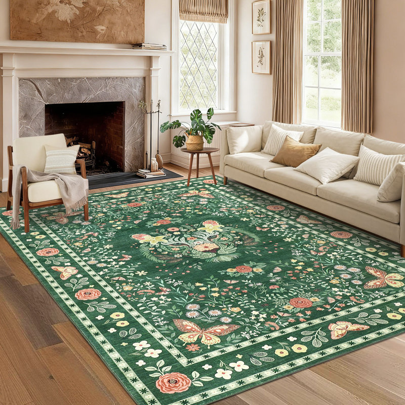 Tapis à poils longs lavable à la machine avec motif tigre et antidérapant, Green, Rectangle 9' x 12'