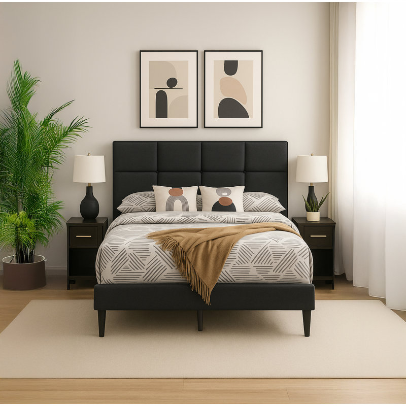Lit plateforme capitonné avec tête de lit ajustable Grid, structure de lit tapissier en lin, aucun sommier requis, gris anthracite, lit double