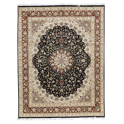 Tapis noir / brun / ivoire noué à la main de haute qualité