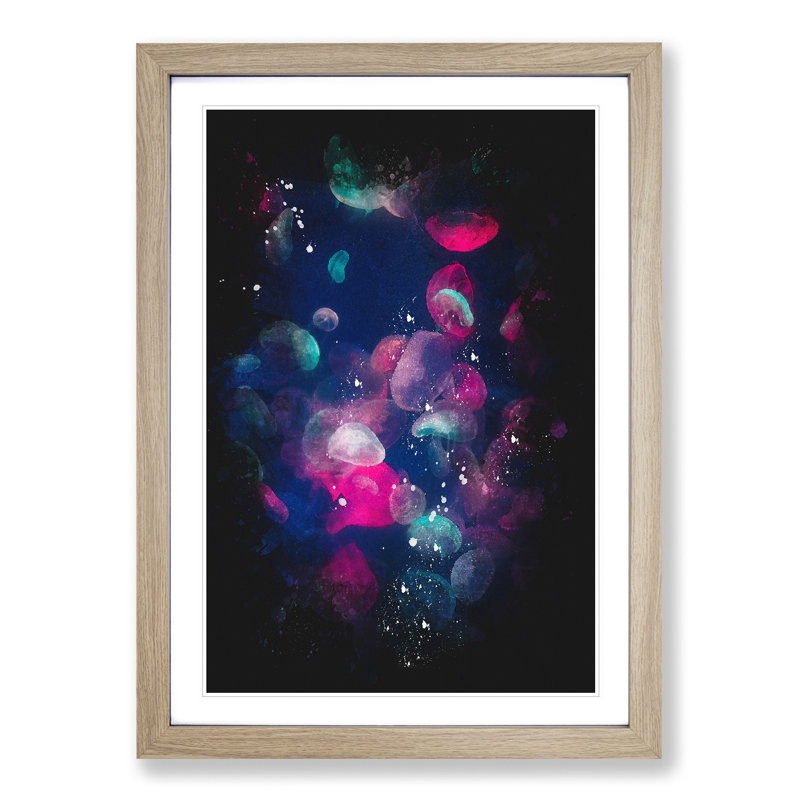 Many Jellyfish Paint Splash - Framed Print, 33cm H x 24cm W x 2cm D, Oak Framed