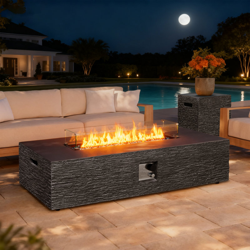  56-Inch Rectangle Magnesium Oxide Gas Fire Pit Table, Includes Tank Cover and Wind Guard, Gray
