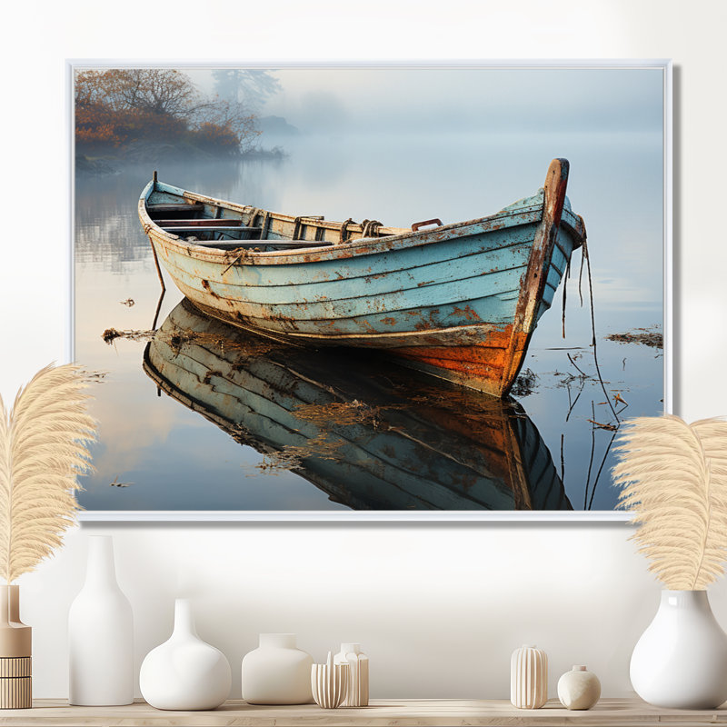 «Hadenson Boat Serene Waterscapes I», reproduction d'art sur toile encadrée, H 16 po x l 32 po x P 1 po, Cadre flottant blanc