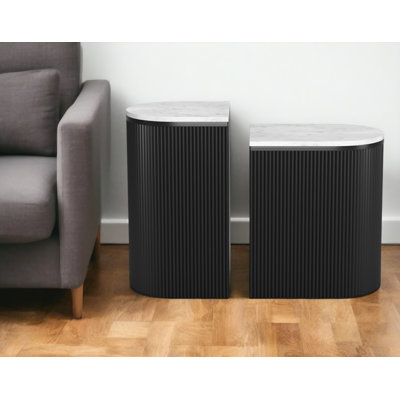 Set of Two Black And White Solid Wood And Marble Oval Block End Tables