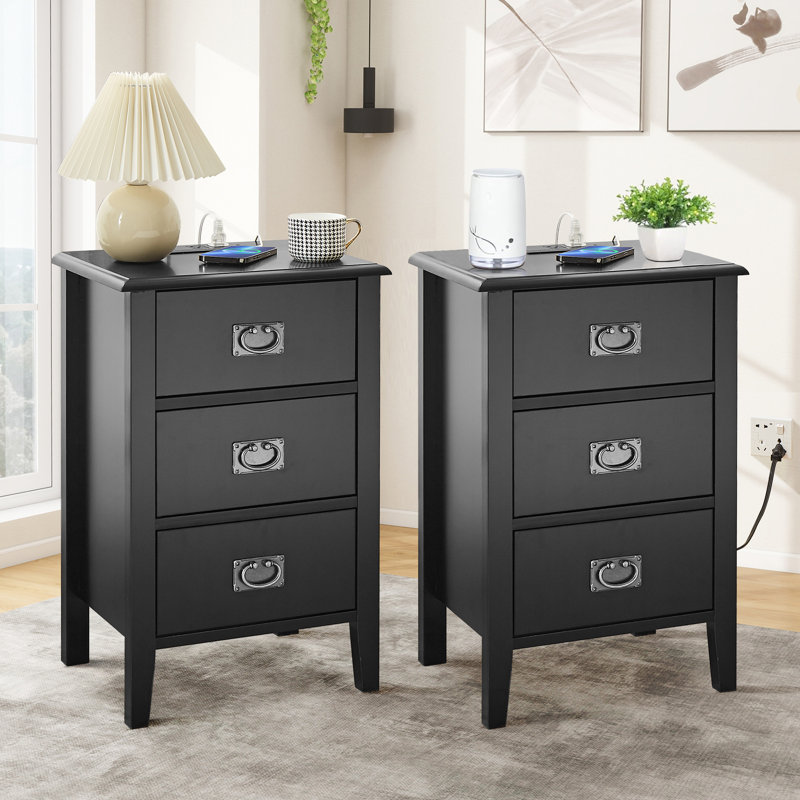 Miramontes Set of 2 Nightstands with Charging Station Black End Table USB Ports Power 3 Drawers Bedside Tables for  Bedroom