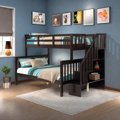 Stairway Twin-Over-Full Bunk Bed With Storage And Guard Rail For Bedroom