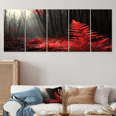 Fougères dans des tons rouges et noirs - ensemble de décorations murales de fougères