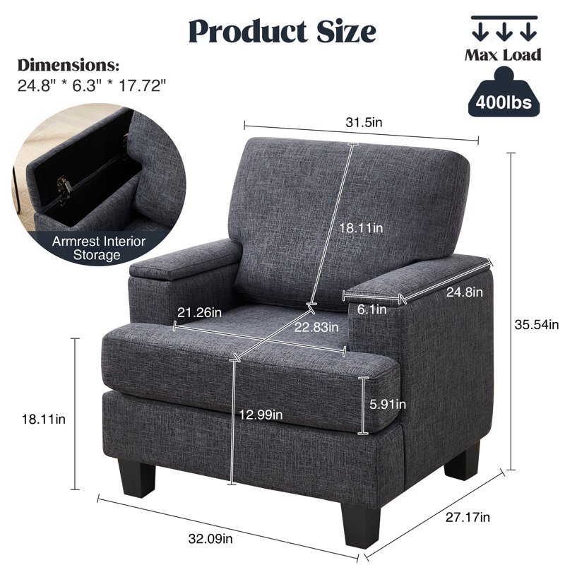 Fauteuil rembourré avec rangement intérieur pour accoudoirs, Gris foncé