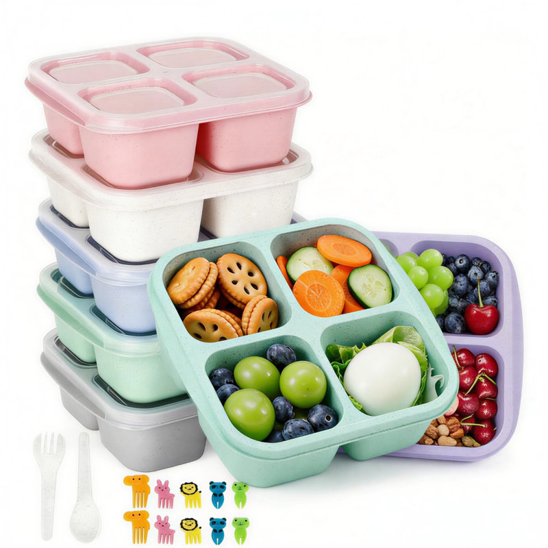 Paquet de 6 contenants de rangement pour aliments à 4 compartiments, boîte à bento pour enfants et adultes à l'épreuve des fuites en paille de blé, contenants de préparation de repas empilables, coffre-fort pour réfrigérateur