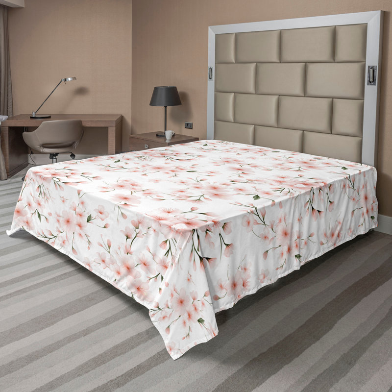 Ambesonne Flowers Flat Sheet Nostalgia Farmhouse, Pale Rose Blush Green