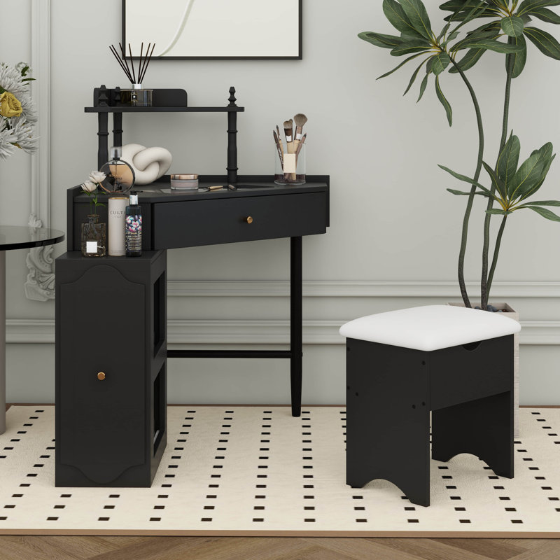 Corner Makeup Vanity Desk With Stool And Charging Station, L-Shaped Glass Top Dressing Table With Removable Cabinet, Drawer And Storage Shelf