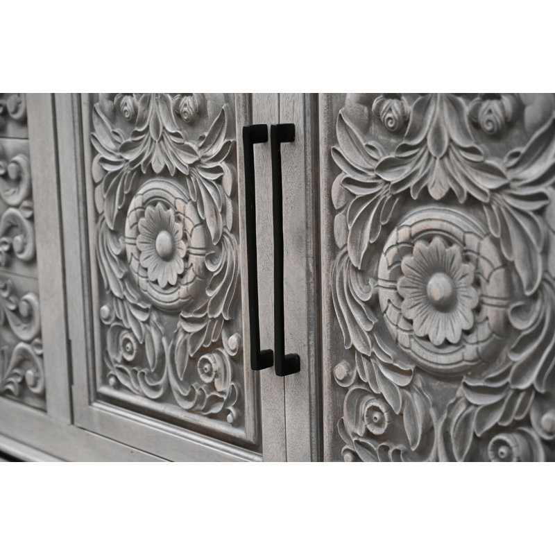 3-drawer 4-door Carved Solid Wood Sideboard, Gray