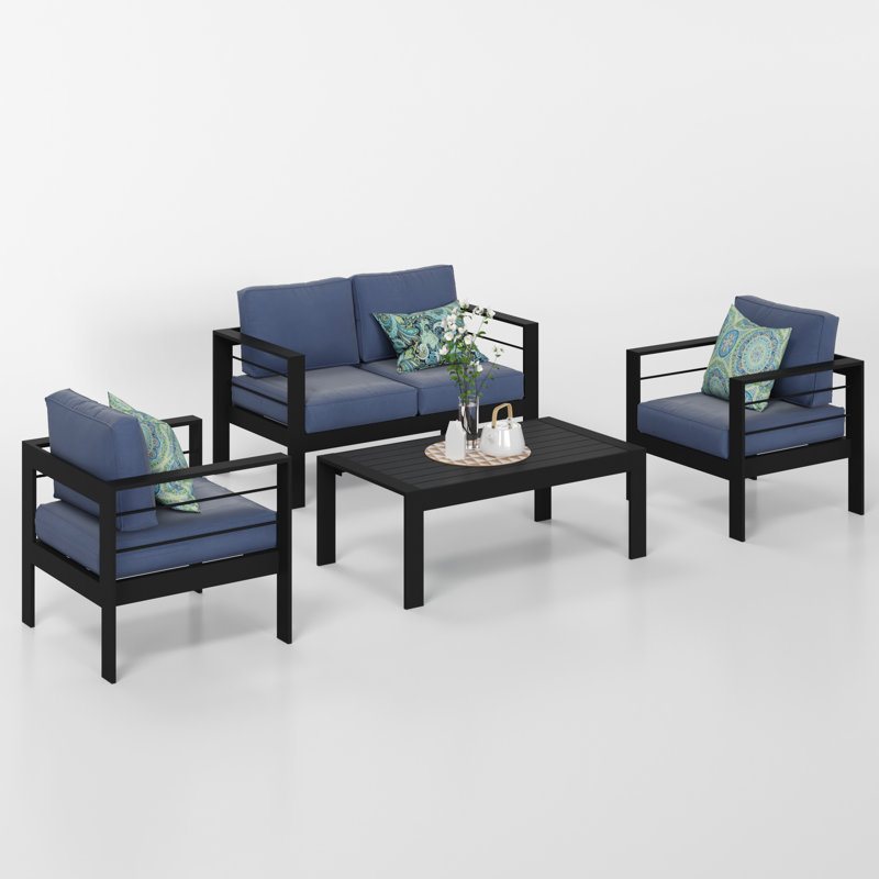 Ensemble de conversation en canapé pour 4 personnes avec coussins Brandtley, Structure noire / Coussin bleu