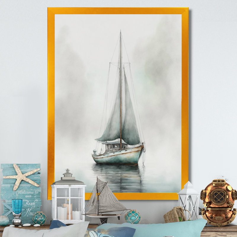 Voilier ancré dans le brouillard - art mural bateau côtier, Cadre doré, H 32 po x l 24 po