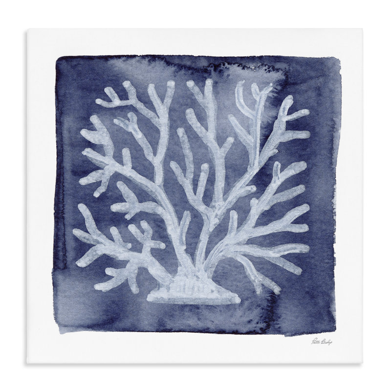 Corail blanc sur toile indigo, design par Patti Bishop, H 30 po x l 30 po