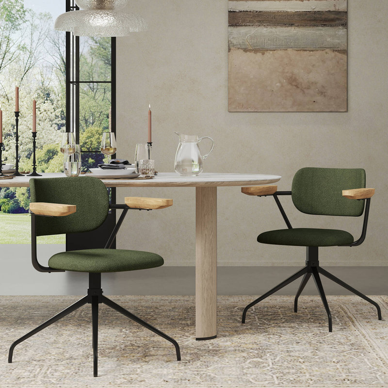 Modern Upholstered Swivel Chair With Solid Wood Arms And Metal Frame, Green