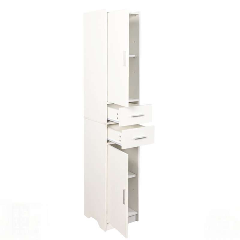 Grande armoire de rangement pour salle de bain avec 2 portes, 2 tiroirs et tablettes réglables, unité de plancher étroite blanche pour une organisation polyvalente de la maison