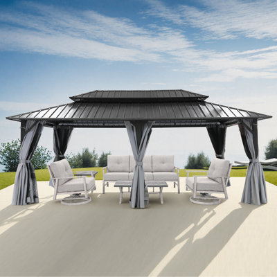 Pavillon de jardin à toit rigide 12 pi x 20 pi SeeHill, pavillon de jardin extérieur, abri de jardin à toit rigide en aluminium avec filet et rideau, pergola de patio extérieure avec toits en acier double pour terrasse, pelouse, fêtes, grès
