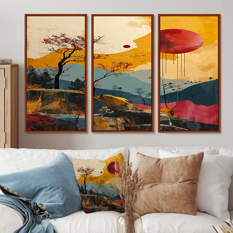Red Moon Mountain Retro Collage - ensemble de décoration murale paysage abstrait, Cadre flottant brun