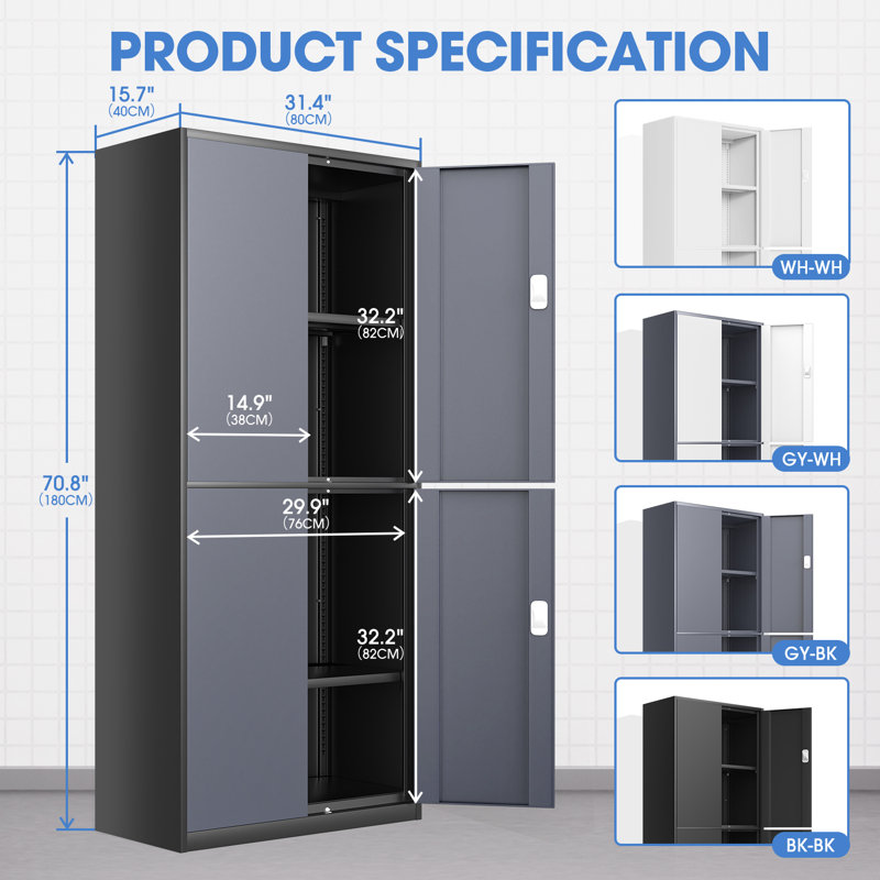 71" Lockable Heavy Duty Metal Storage Tool Cabinet W/ 2 Adjustable Shelves, Gray/Black