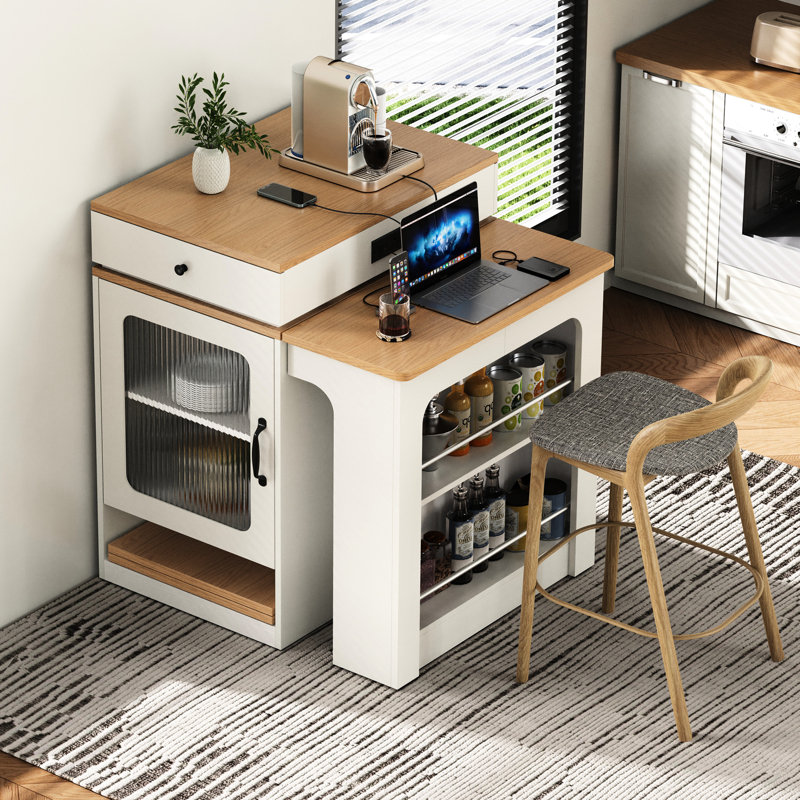 Îlot de cuisine extensible, armoire double face de 59,5 po de long, 2 tiroirs, prise de courant, compartiment de rangement latéral, blanc, extension 10,2 26 41,8 po, tablettes réglables, mécanisme de verrouillage en métal, mobile