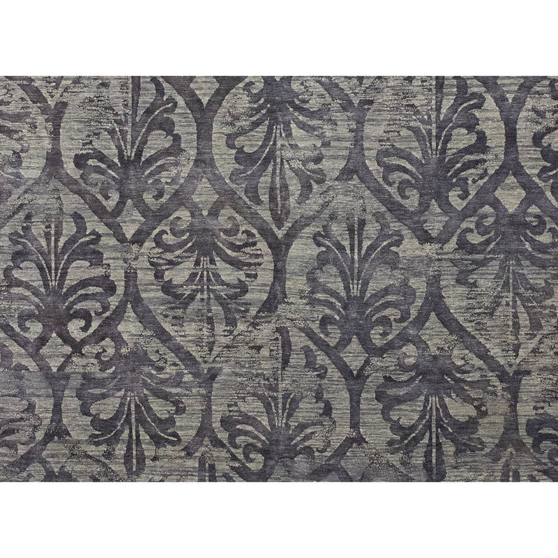 Hand Knotted Damask Area Rug in Gray, Rectangle 9' x 12'