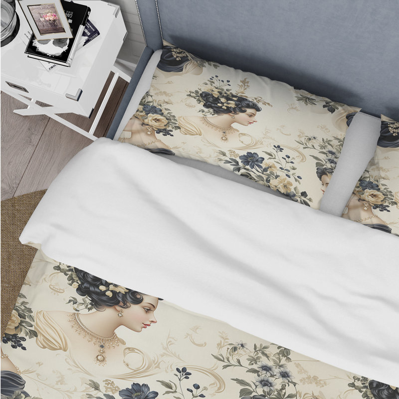 Ensemble de housse de couette beige Victorian Cameo Portraits II, Housse de couette simple + 1 taie décorative stan