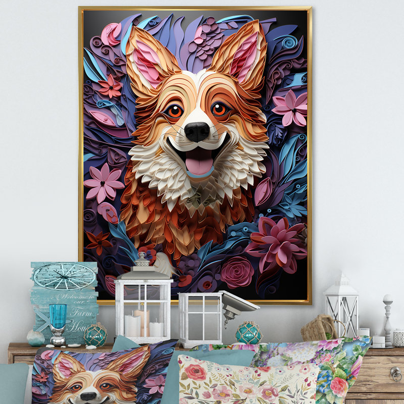 Corgi Charm - chien, art mural sur toile, Cadre flottant doré, H 20 po x l 12 po x P 1 po