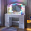 Modern Large Dressing Table with 9 Drawers, Tempered Glass Top, RGB Light Mirror, and Charging Station-576126327