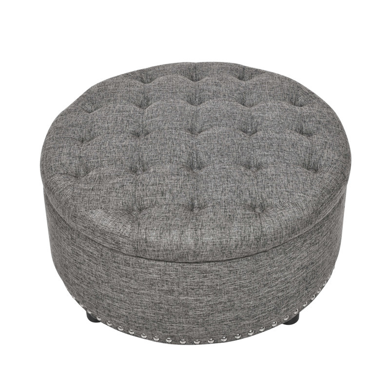 29.9'' Wide Tufted Round Ottoman with Storage, Dark Gray Linen