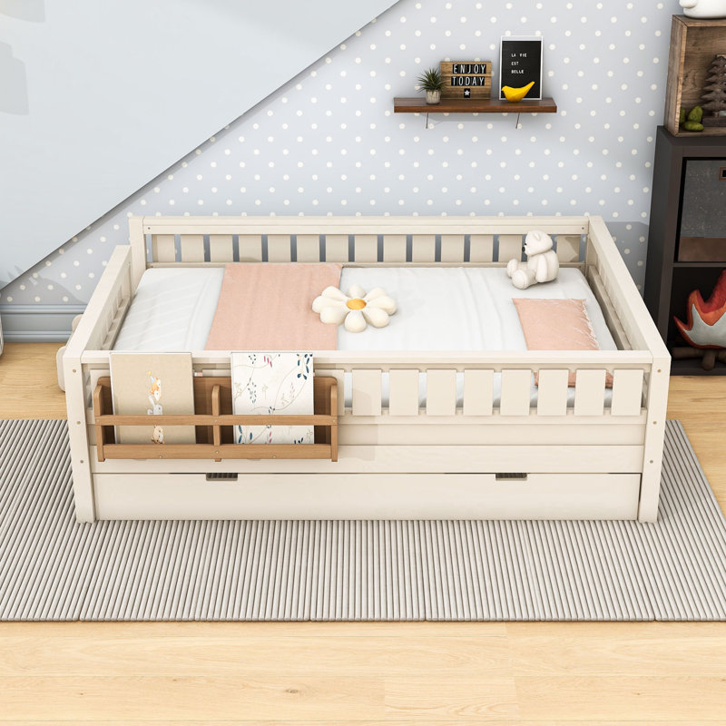 Lit en bois avec bibliothèque et lit gigogne simple TG, Queen, Beige