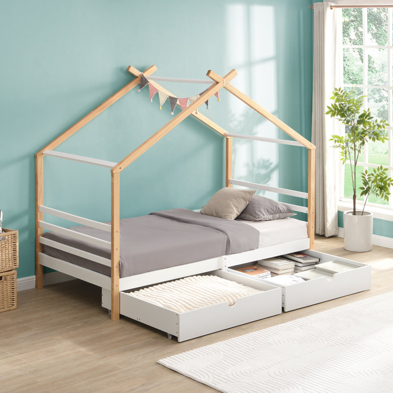 Lit maison avec toit et tiroirs, lit plateforme, cadre de lit