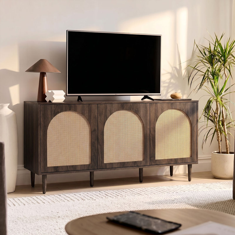 Castyn 56" W Rattan Door Sideboard with Adjustable Shelves, Walnut