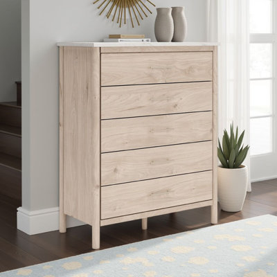 Commode haute Mooran, 5 tiroirs, plateau en marbre moderne