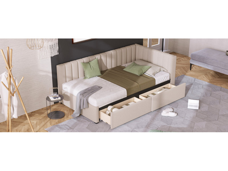 Upholstered Daybed With 2 Storage Drawers Twin Size Sofa Bed Frame No Box Spring Needed, Linen Fabric, Beige