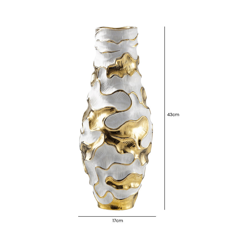 Adyson Handmade Ceramic Vase for Living Room, Textured Ripples Design Modern Home Decoration, White/Gold