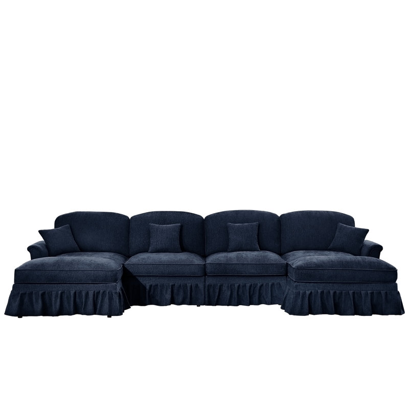 Canapé modulaire classique en U à 4 places avec accoudoirs évasés, volants amovibles et pieds fuselés, canapé à assise profonde avec repose-pieds mobiles, bleu