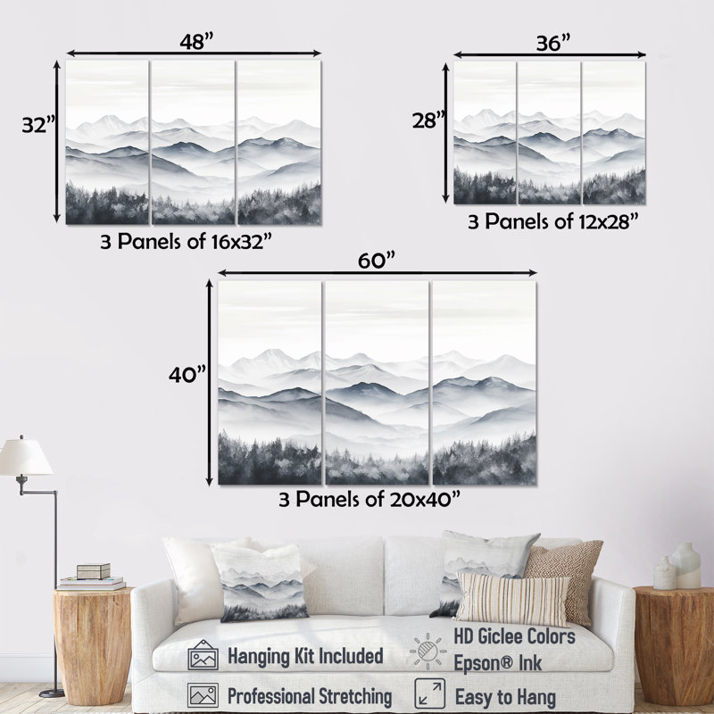 «Morning Fog Mountain Wonder», ensemble d'art mural montagnes, Toile tendue, H 40 po x l 60 po x P 1 po