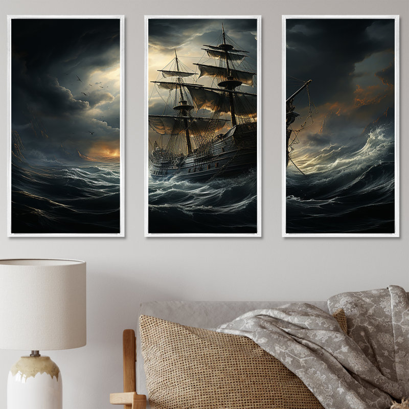 «Pirate Ship At Stormy Seas», ensemble d'art sur toile, H 28 po x l 36 po x P 1 po, Cadre flottant blanc