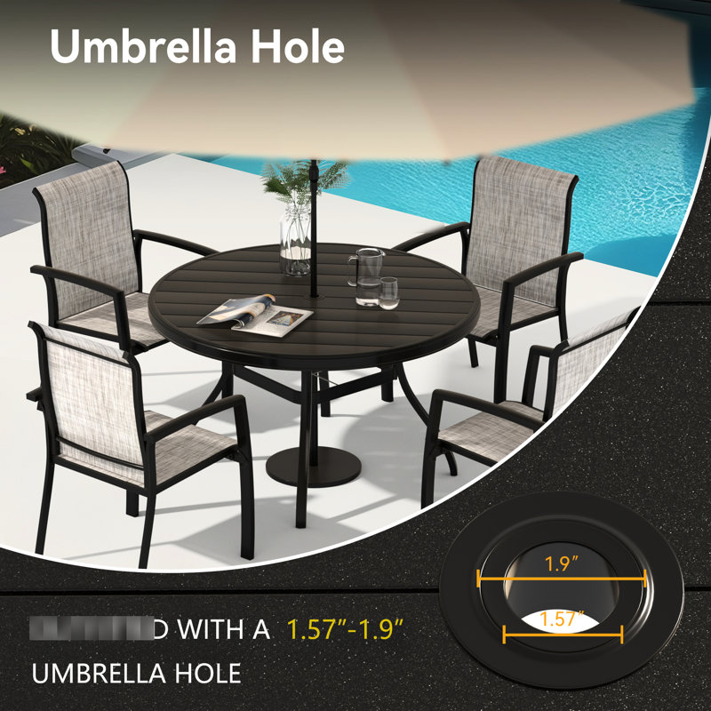 Outdoor Round Coffee Table, All - Weather Steel, 40.6"X40.6"X27.92", Umbrella Hole, Black For Backyard And Poolside Deck