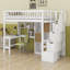 Lit mezzanine en bois avec bureau intégré, DEL, tablettes de rangement, armoires et escalier-539633113