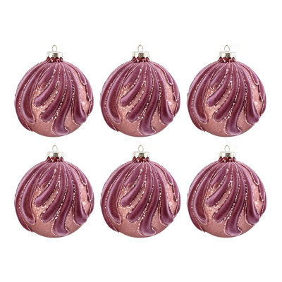Boules de Noël suspendues en verre floqué violet poudré de 9,9 cm (3,9 pouces) avec bordure pailletée, pour sapin de Noël, décoration intérieure et festive (lot de 6).