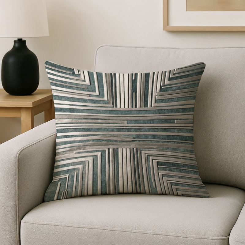 Coussin décoratif intérieur et extérieur Modern, Gris / blanc / vert / taupe abstrait, Carré 16 po