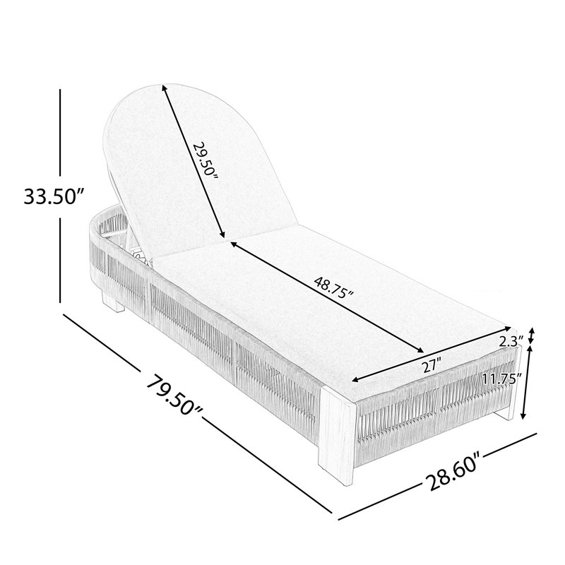 Outdoor Rope Chaise Lounge w/Adjustable Backrest, Teak Look Acacia Wood Side Table & Beige Water-Resistant Cushion, Teak