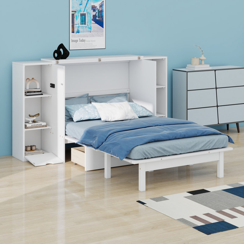 Lit escamotable avec tablettes, tiroirs et ports USB Murphy, Blanc
