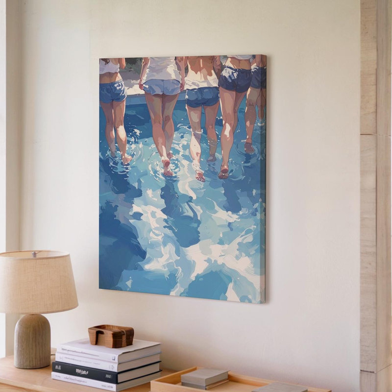 Art mural sur toile, nage synchronisée sur toile, dynamique au bord de la piscine, avec réflexion, art prêt à accrocher