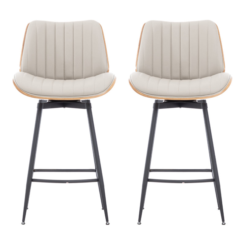 Walnut Bentwood & Faux Leather Swivel Bar Stool with Metal Legs and Footrest, Beige