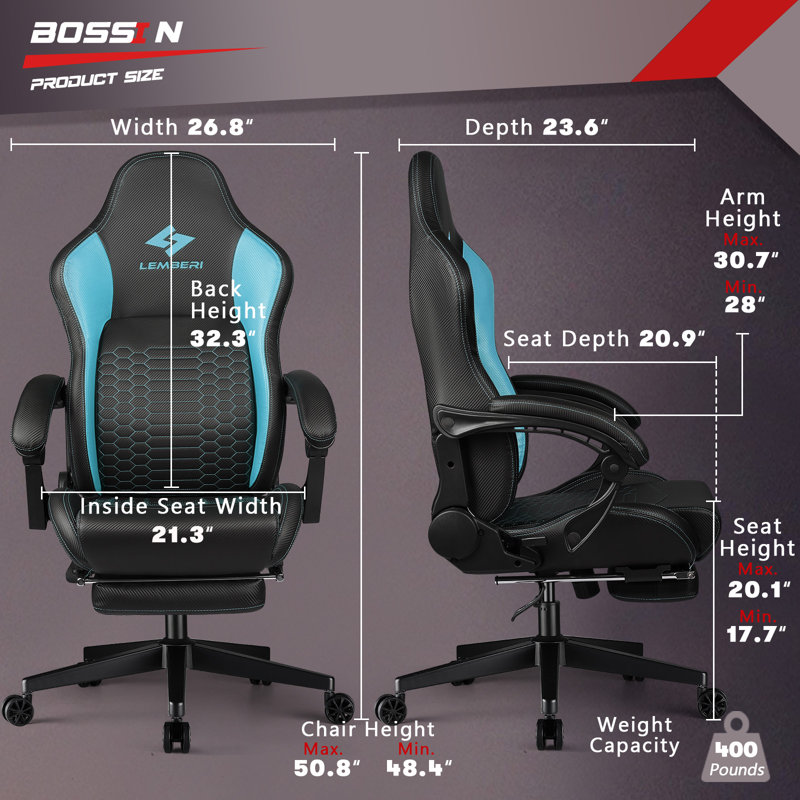 Fauteuil de jeu ergonomique avec repose-pieds et support lombaire Bossin, Bleu